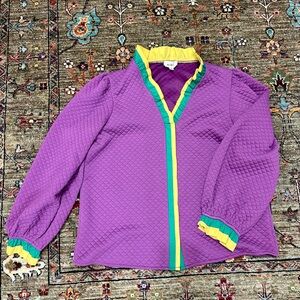 BiBi Purple Quilted Mardi Gras Blouse with Ruffle Trim